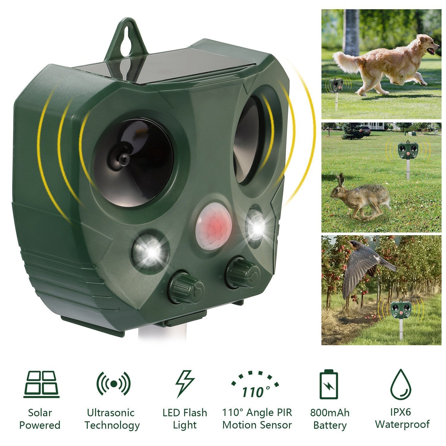 1Pc Ultrasonic Animal Repeller Solar Powered Repellent With Motion Sensor LED Flashing Lights IPX6 Waterproof Outdoor For Farm Garden Yard
